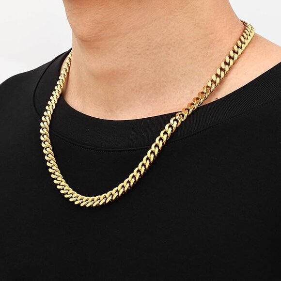 9mm Stainless Steel Cuban Link Chain Necklace 14K Gold Plated Chain Necklace - Picture 1 of 4